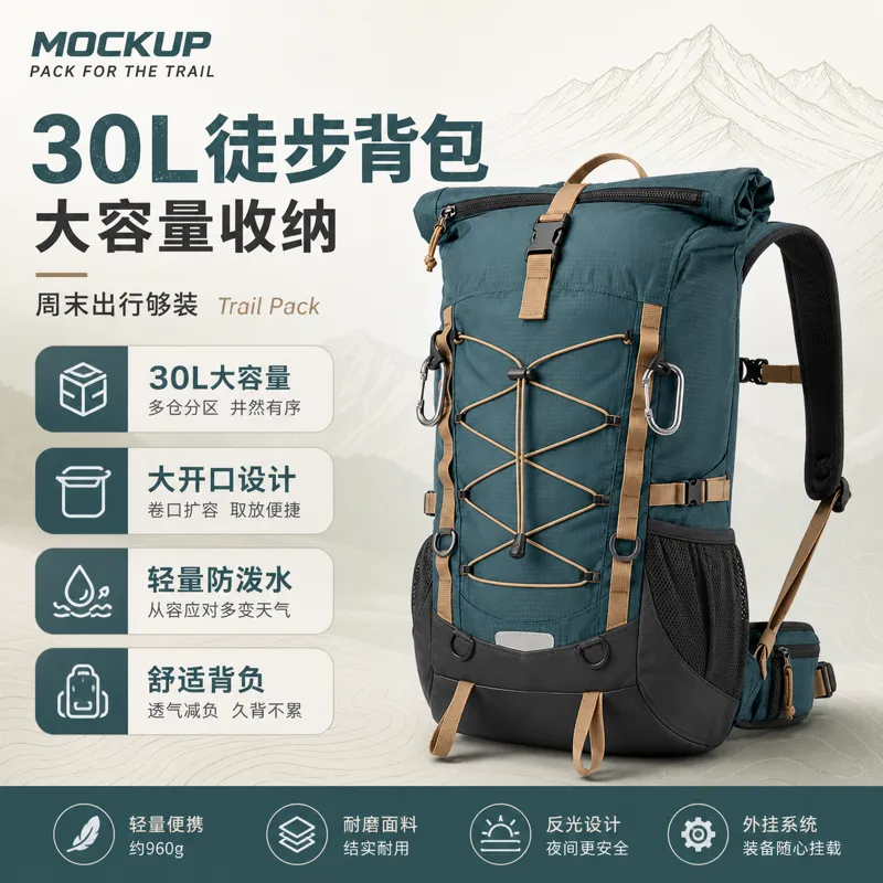 30升大容量徒步背包，适合越野｜AI 生图提示词