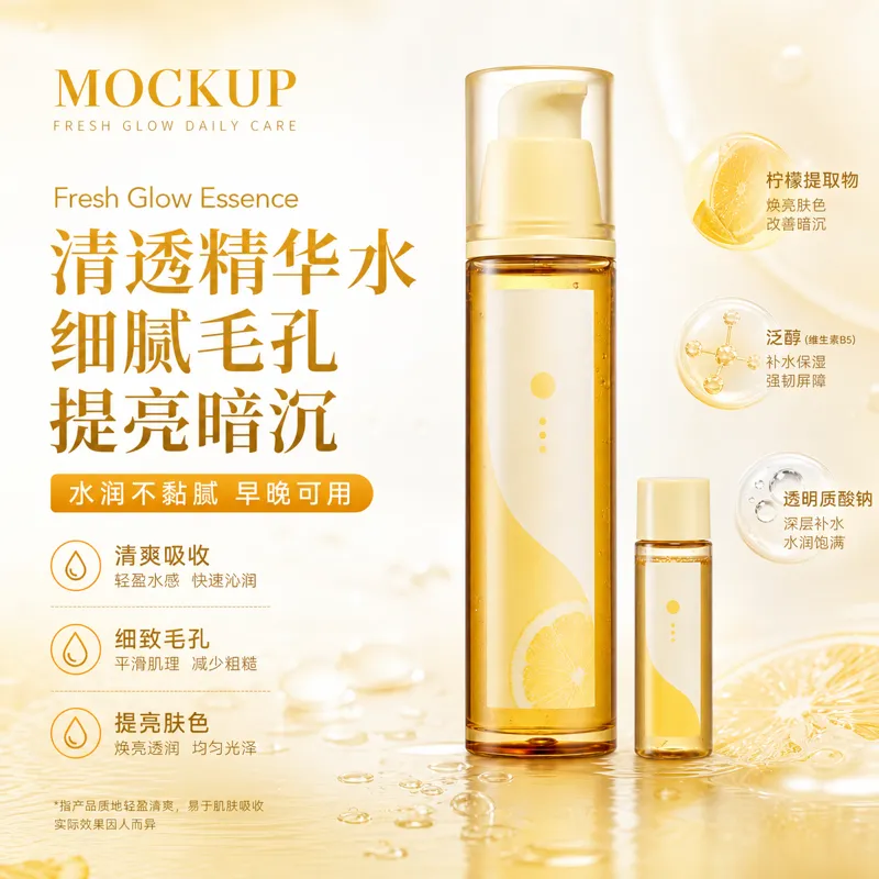 Fresh Glow 精华护肤瓶样板｜AI 生图提示词