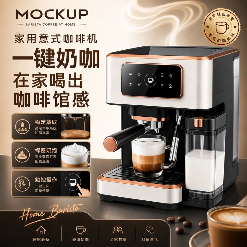 家庭意式咖啡机模型带奶泡机｜AI 生图提示词