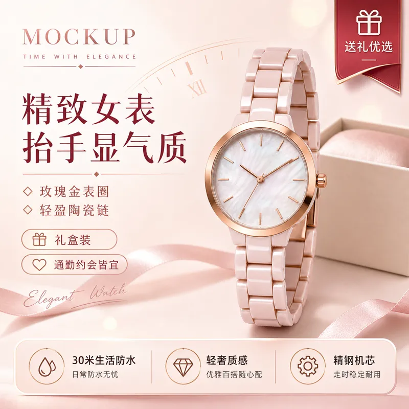 优雅的粉色陶瓷女款腕表，玫瑰金表圈｜AI 生图提示词