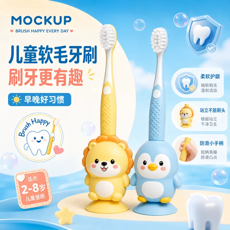 可爱的动物形状软毛牙刷适合儿童｜AI 生图提示词