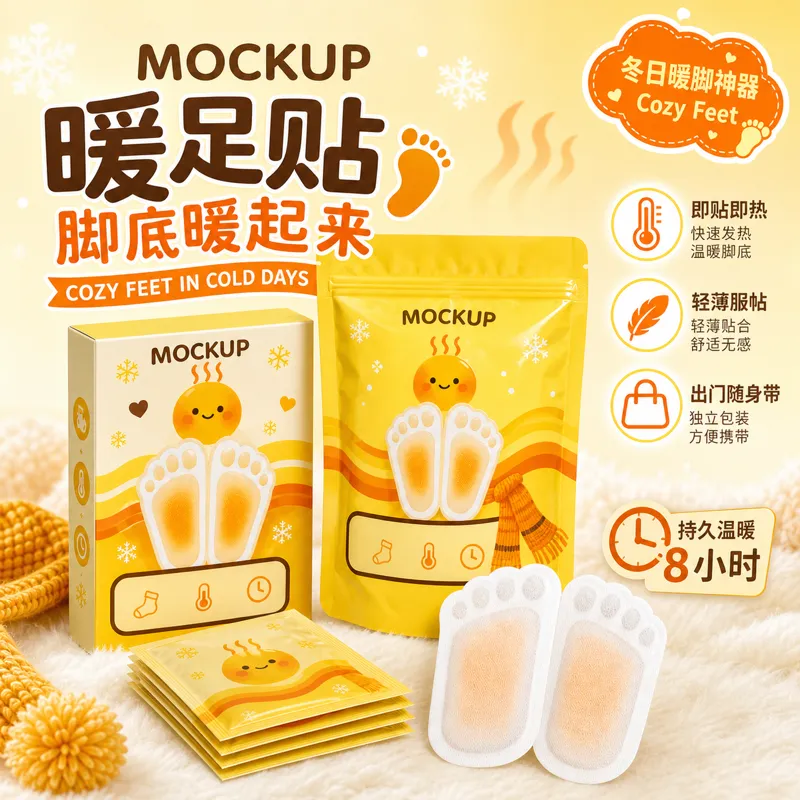 Cozy Feet 冬季保暖贴片包装样板｜AI 生图提示词