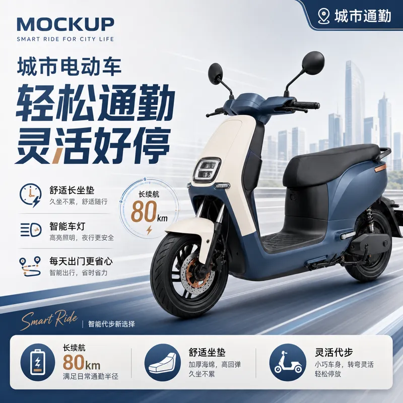 现代蓝色电动滑板车，适合城市通勤｜AI 生图提示词
