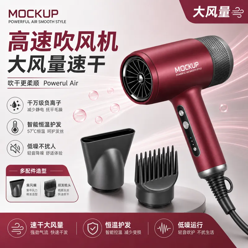 红色高速吹风机带附件模型｜AI 生图提示词