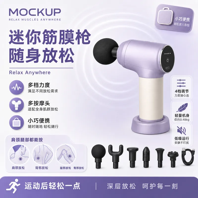 便携式紫色迷你按摩枪，用于肌肉放松｜AI 生图提示词