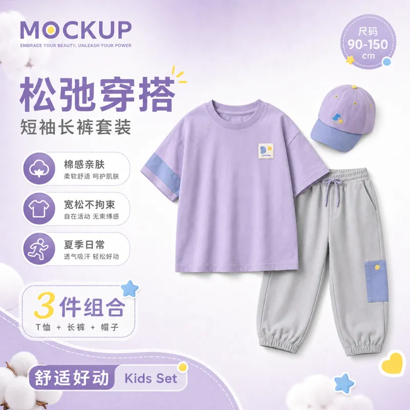 儿童夏季服装套装样板，搭配紫色T恤和裤子｜AI 生图提示词