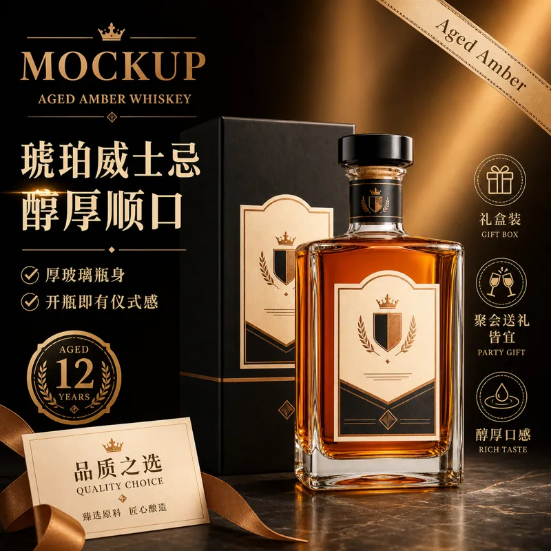 陈年琥珀威士忌瓶模型附礼盒｜AI 生图提示词