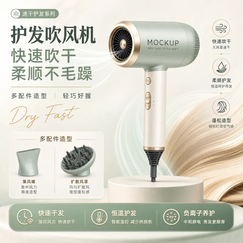 带附件的绿色吹风机模型｜AI 生图提示词