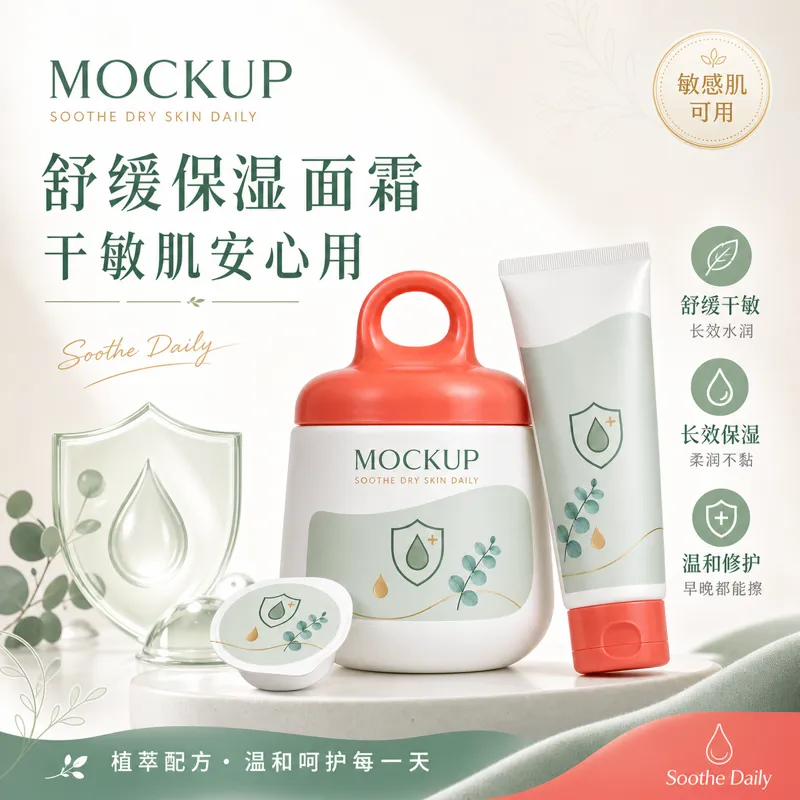 适合干性敏感肌的舒缓保湿霜模型｜AI 生图提示词