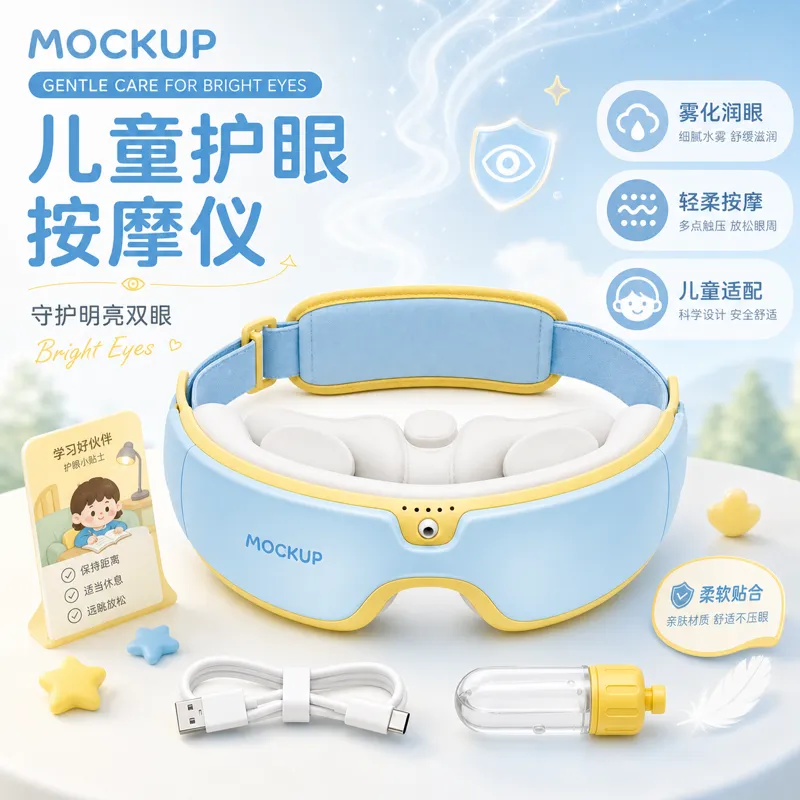 蓝色儿童眼部按摩器样衣及配件｜AI 生图提示词