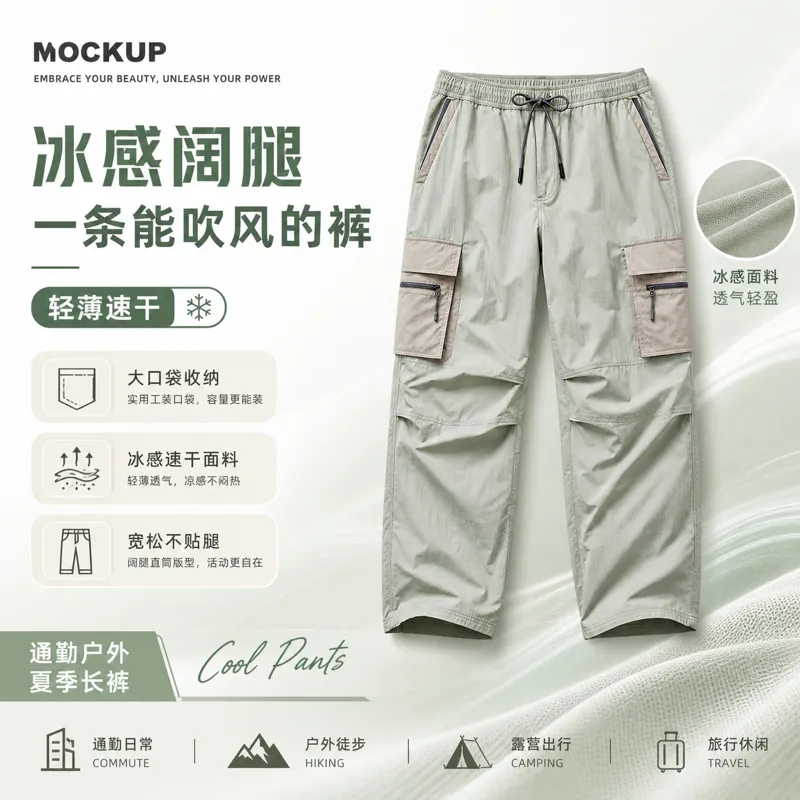 浅绿色快干工装裤，适合夏季户外穿着｜AI 生图提示词