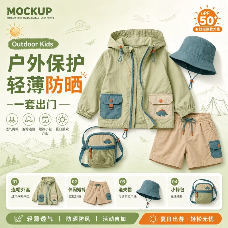 儿童户外防晒服装套装样板｜AI 生图提示词