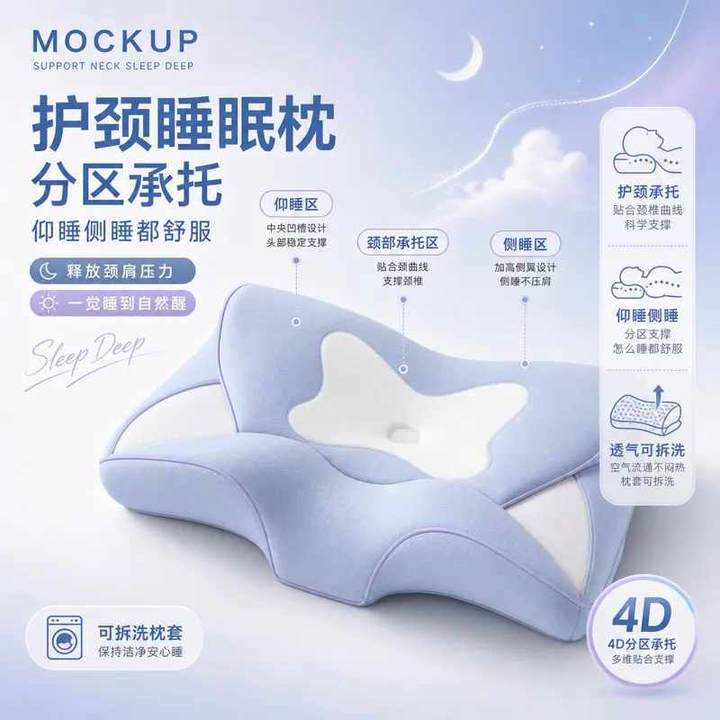 蓝色轮廓颈部支撑睡枕模型｜AI 生图提示词