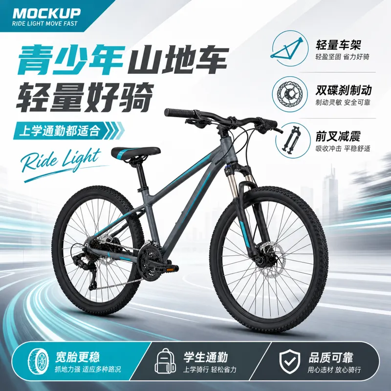 轻量青少年山地车，适合上学通勤｜AI 生图提示词
