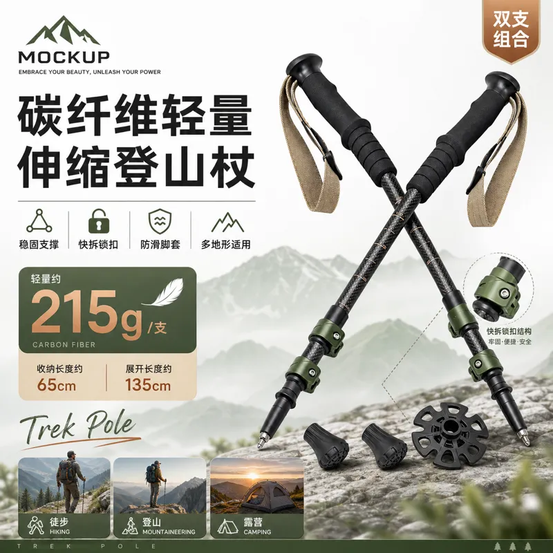 轻质碳纤维伸缩登山杖｜AI 生图提示词