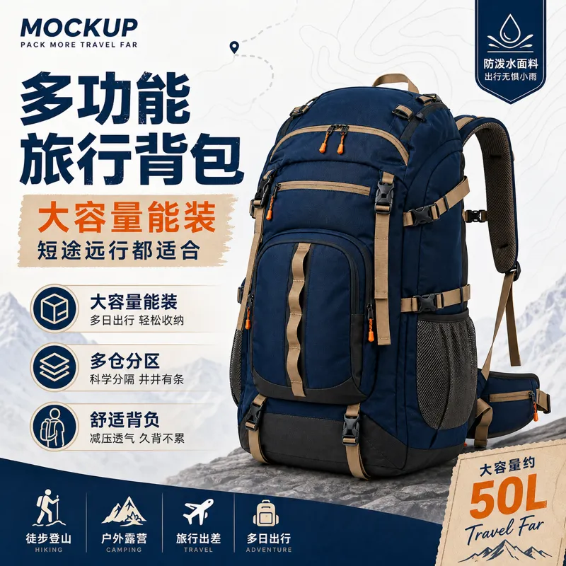 大容量蓝色50升旅行背包｜AI 生图提示词