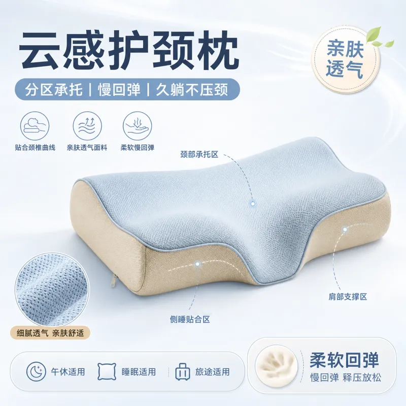 Cloud-Feel 人体工学颈部支撑枕｜AI 生图提示词