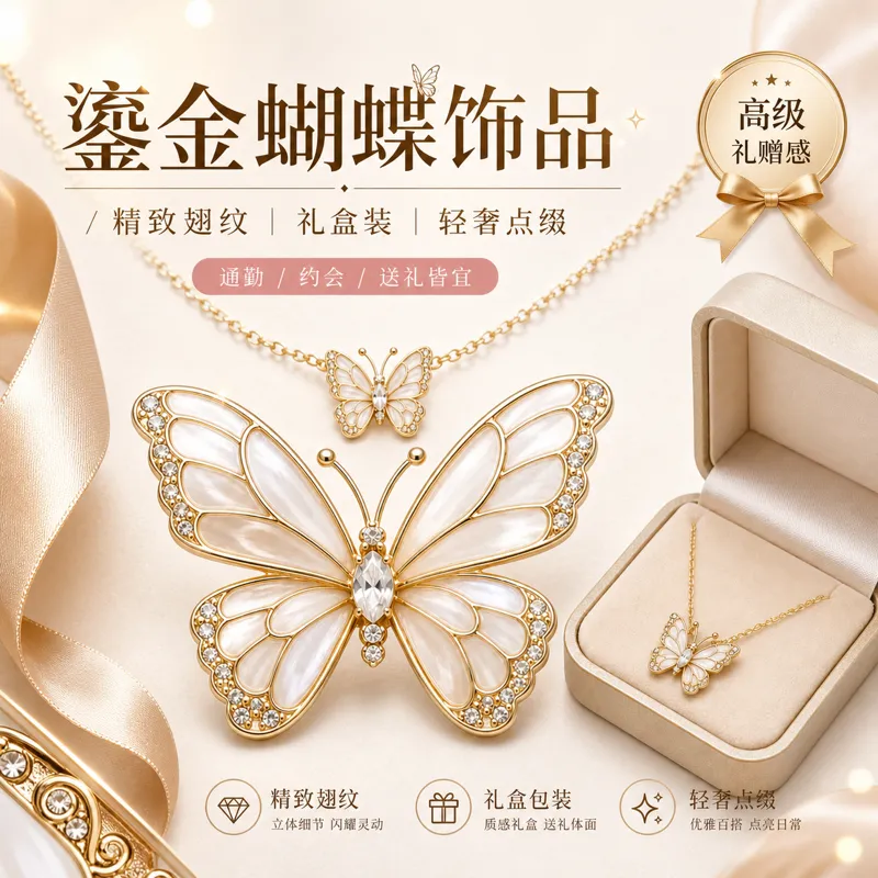 镀金蝴蝶项链与胸针首饰套装｜AI 生图提示词