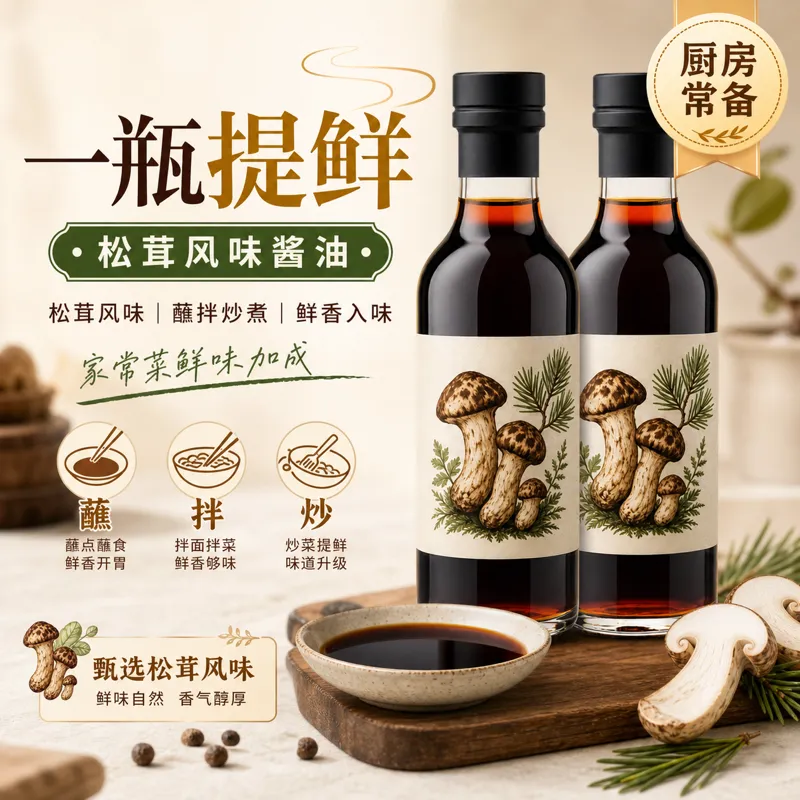 松茸味酱油瓶用于烹饪｜AI 生图提示词