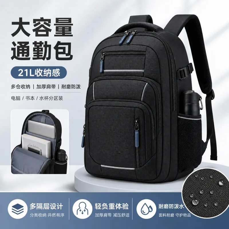 大容量黑色通勤背包，配备多分隔舱｜AI 生图提示词