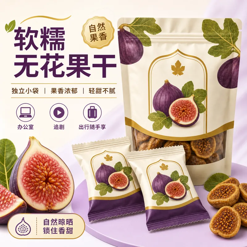 软干无花果零食包装，配新鲜无花果｜AI 生图提示词