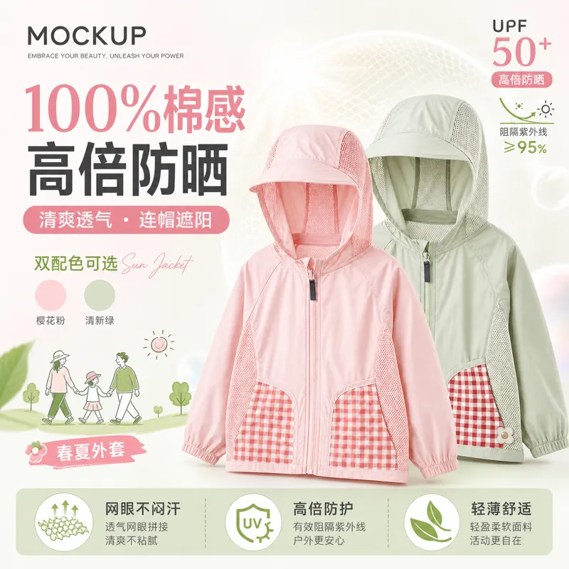 儿童UPF 50+ 透气连帽遮阳夹克模型｜AI 生图提示词