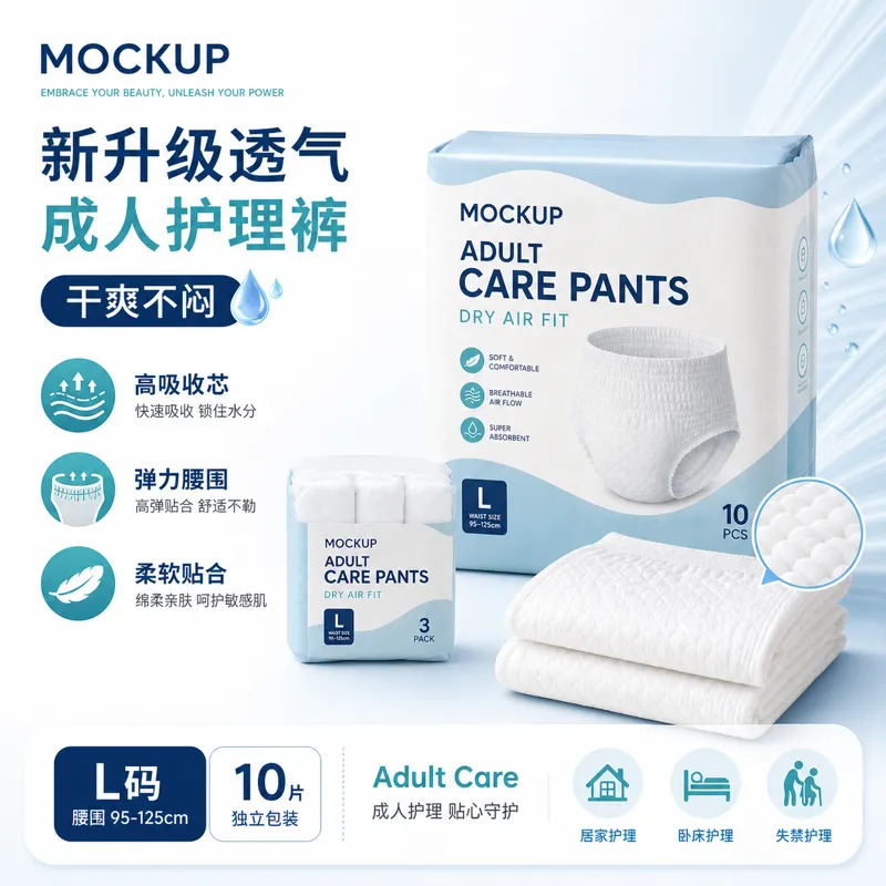 成人护理裤干式空气合身包装样板｜AI 生图提示词