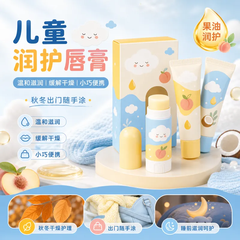 可爱的儿童水果油保湿润唇膏套装｜AI 生图提示词