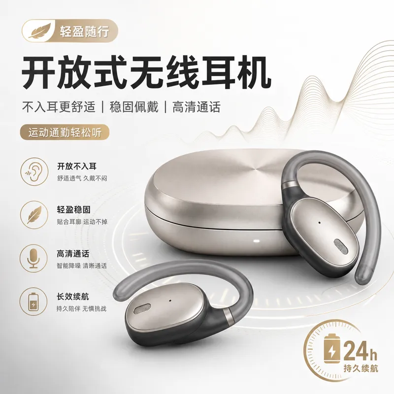带充电盒的开耳式无线耳机｜AI 生图提示词