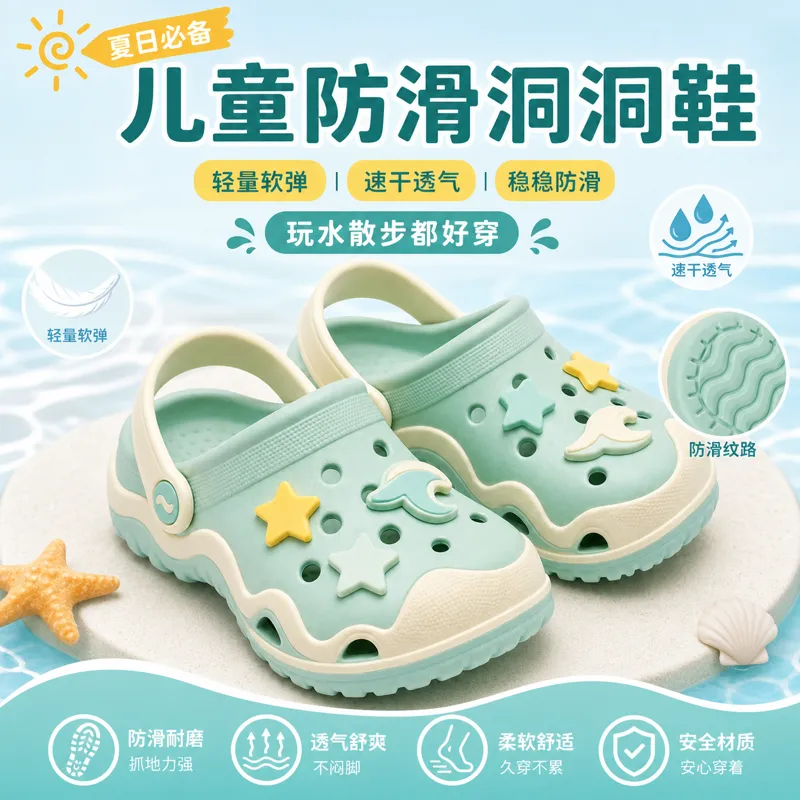 儿童夏季防滑透气木屐｜AI 生图提示词