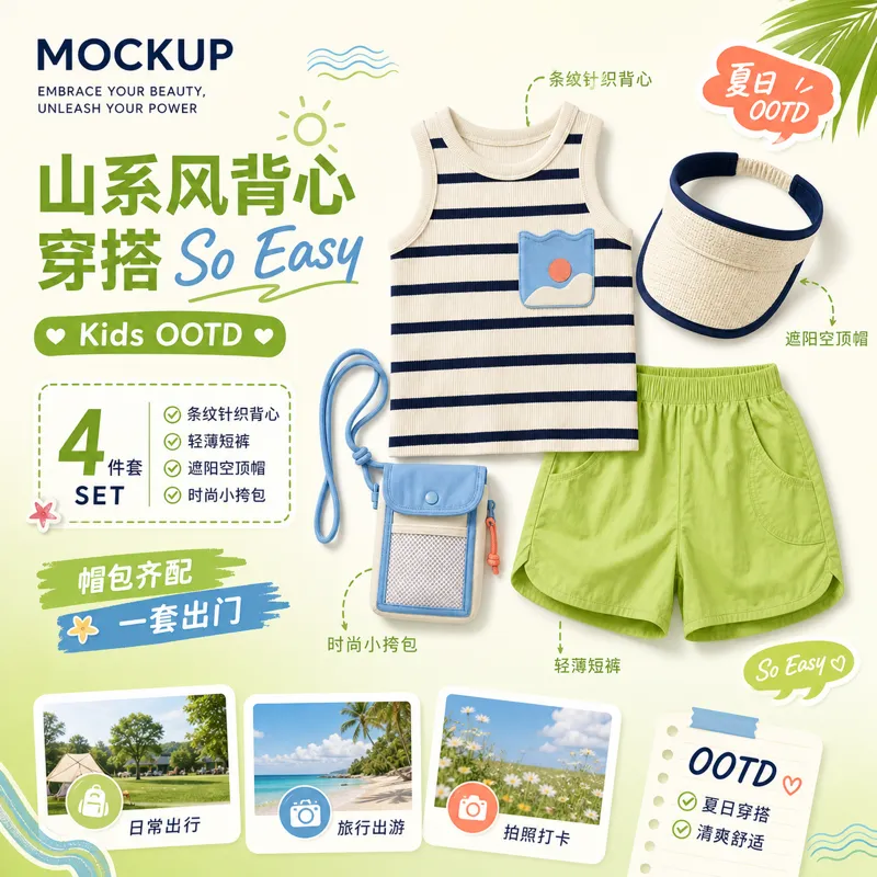 儿童夏季户外服装套装，条纹背心和短裤｜AI 生图提示词