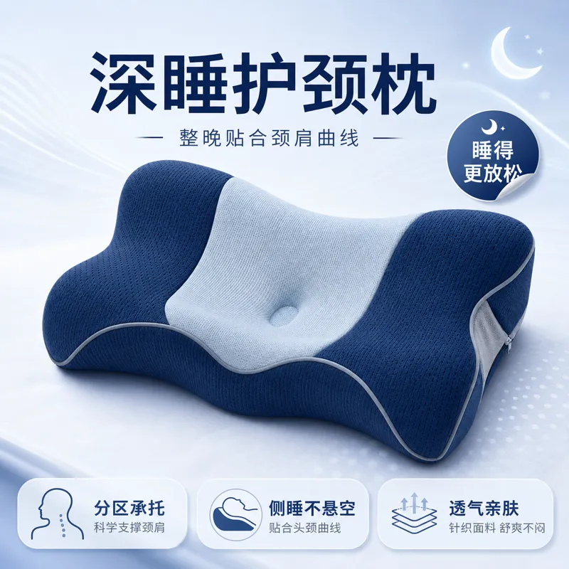 蓝色人体工学颈枕用于颈部支撑｜AI 生图提示词