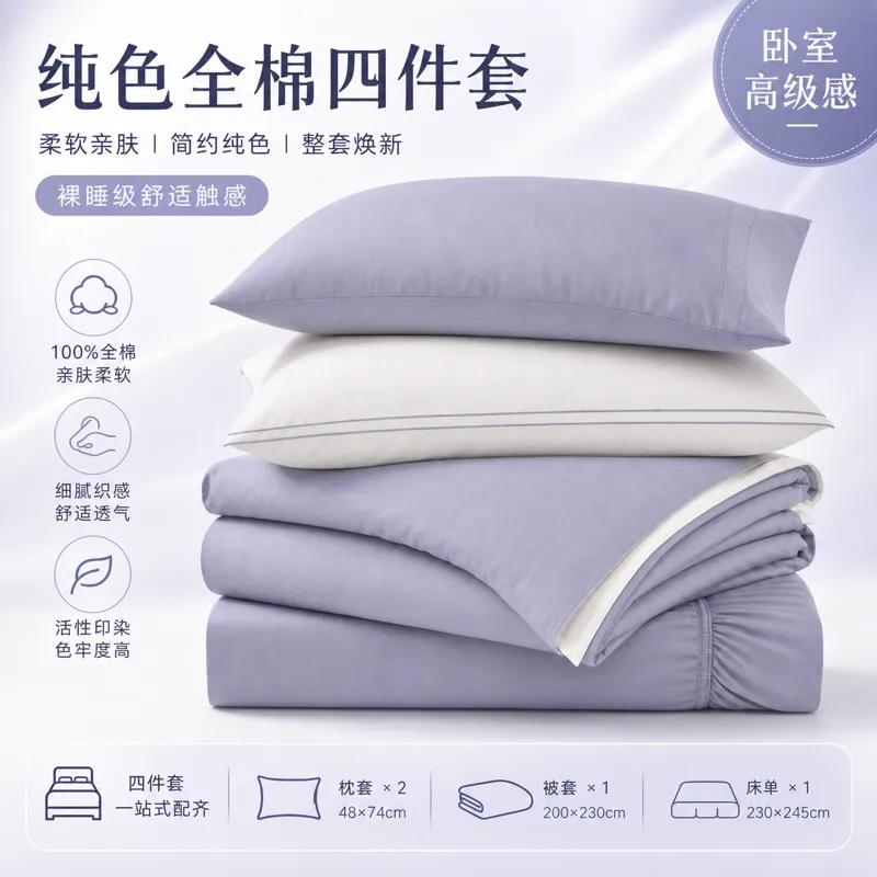 纯色纯棉四件套床上用品套装｜AI 生图提示词