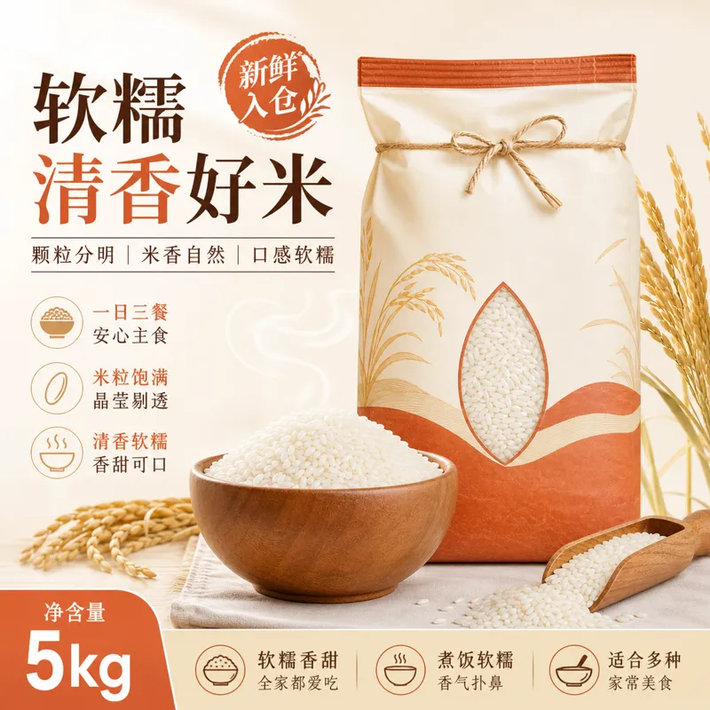 5公斤软香白米，木碗｜AI 生图提示词