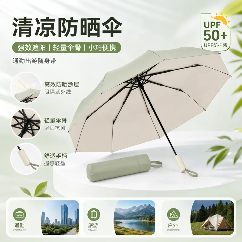 轻便便携式太阳伞，配备UPF 50+｜AI 生图提示词