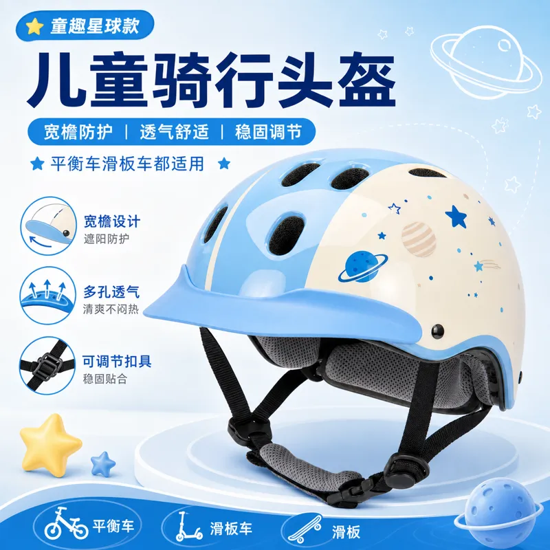 蓝色太空主题儿童骑乘头盔｜AI 生图提示词