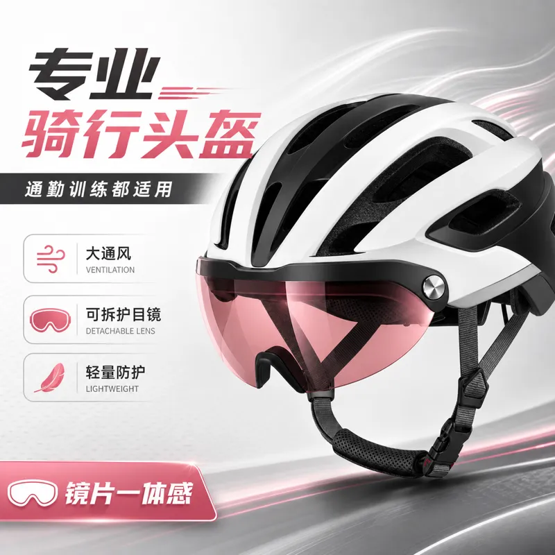 带可拆卸镜片的白色骑行头盔｜AI 生图提示词