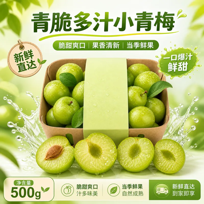 新鲜脆脆多汁的绿李子500克盒装｜AI 生图提示词