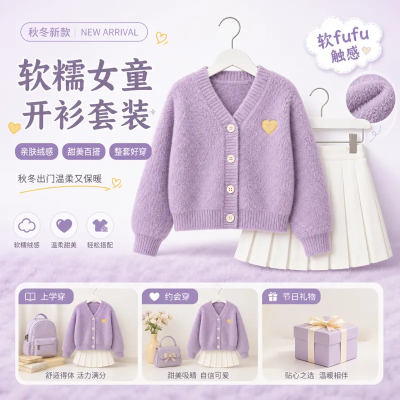 紫色毛绒开衫和白色百褶裙套装｜AI 生图提示词