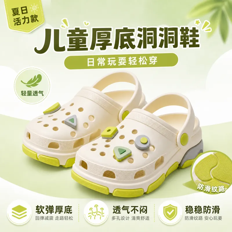 儿童白色和绿色厚底夏季木屐｜AI 生图提示词