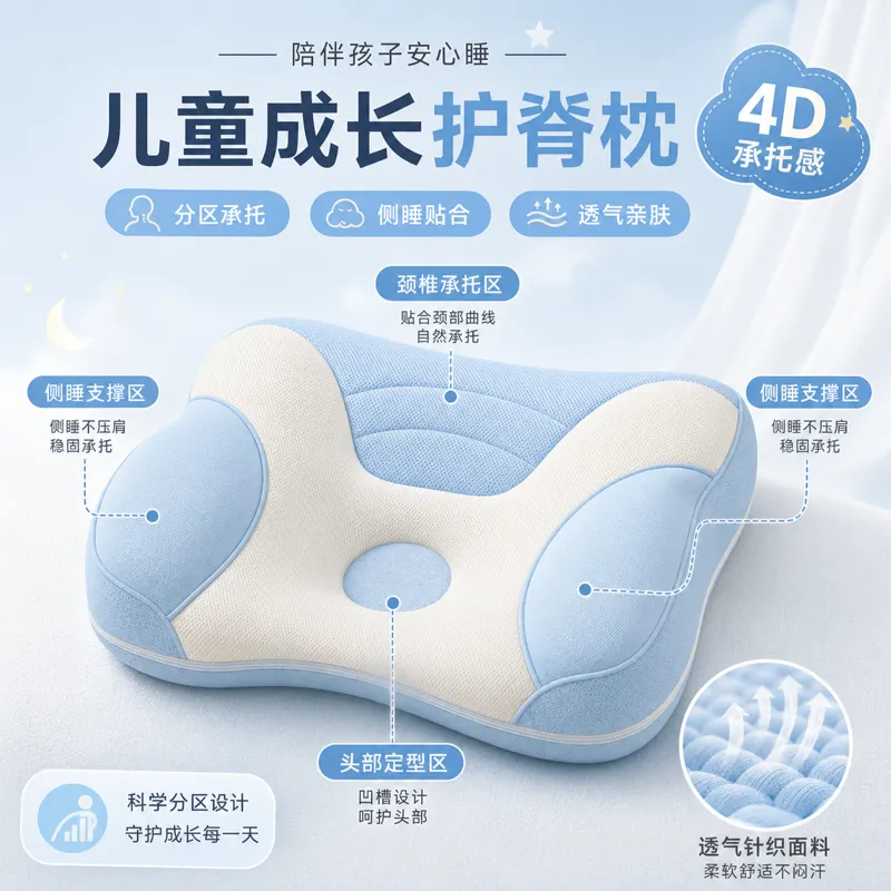 儿童生长脊柱保护枕，带4D支撑｜AI 生图提示词