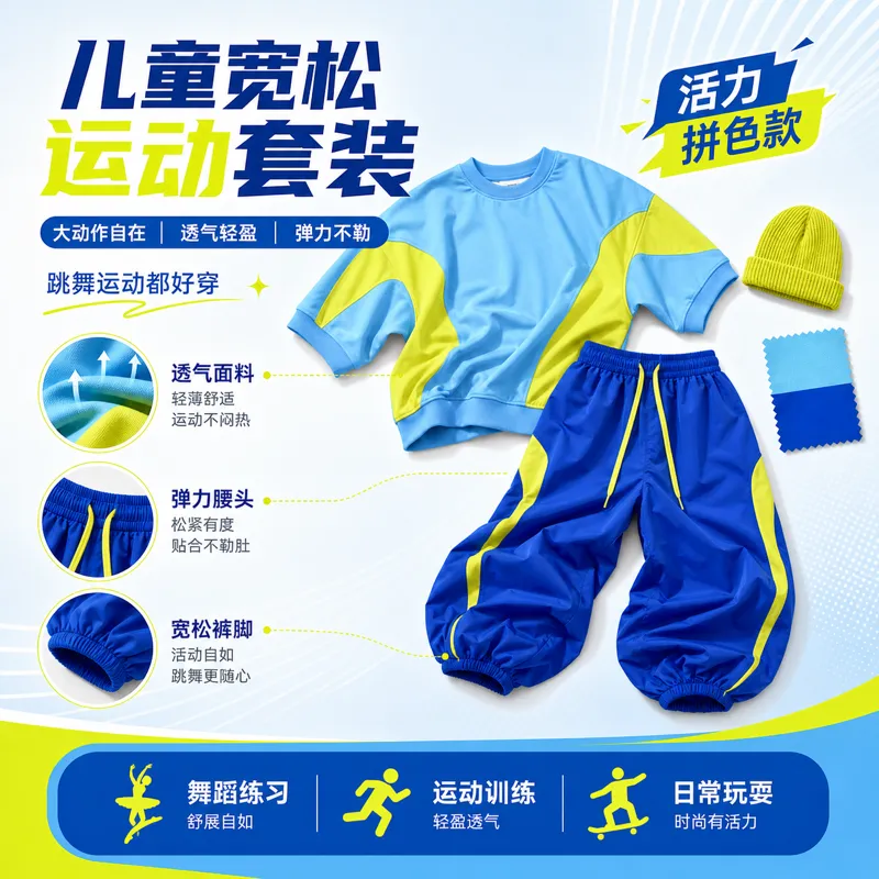儿童蓝黄宽松运动服套装｜AI 生图提示词