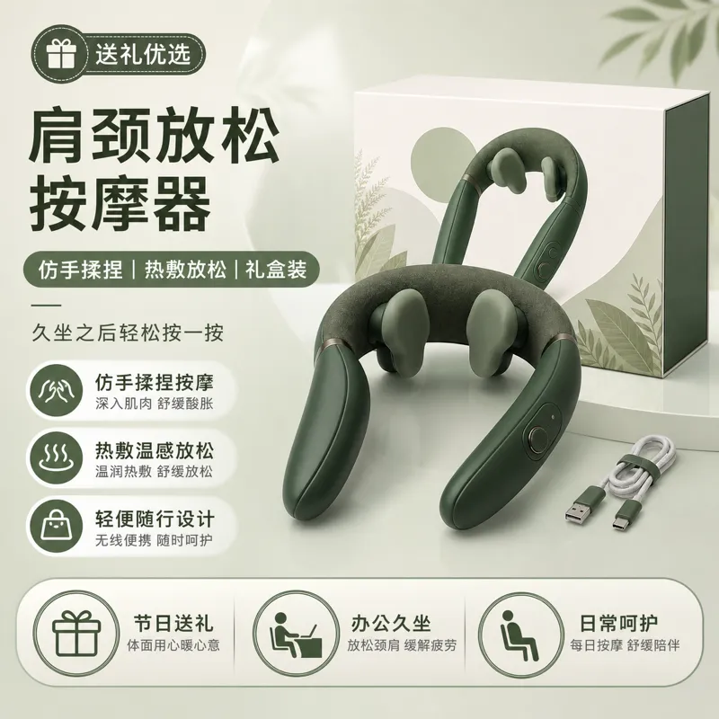 带加热和礼品盒的绿脖按摩器｜AI 生图提示词