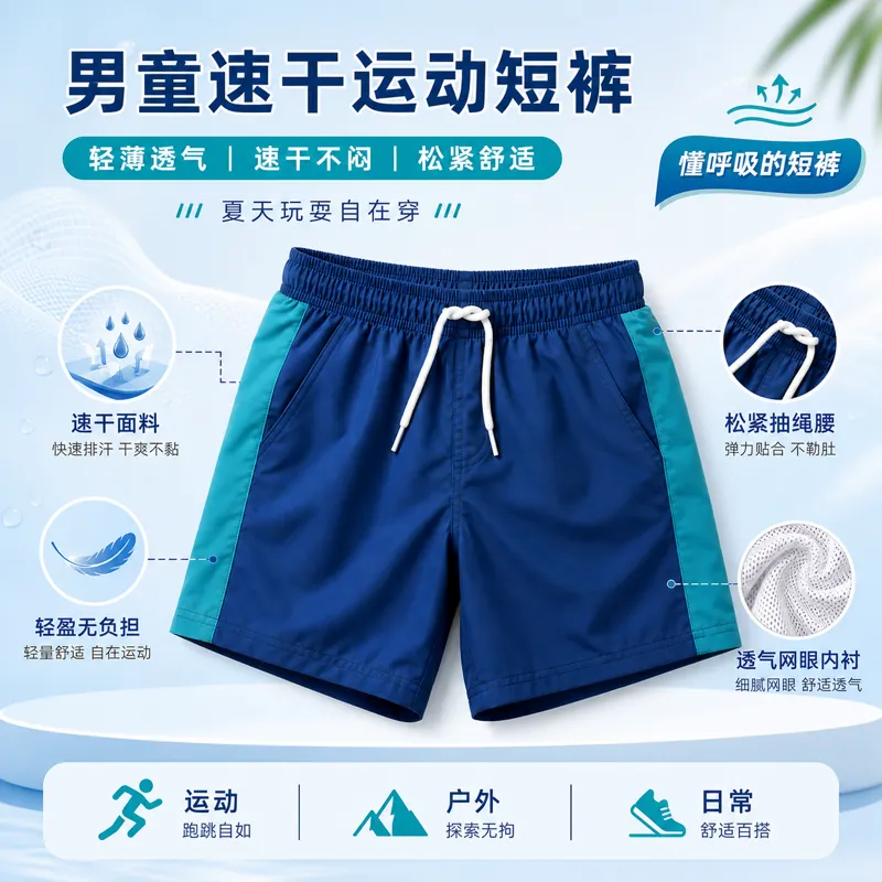 男孩蓝色快干运动短裤｜AI 生图提示词