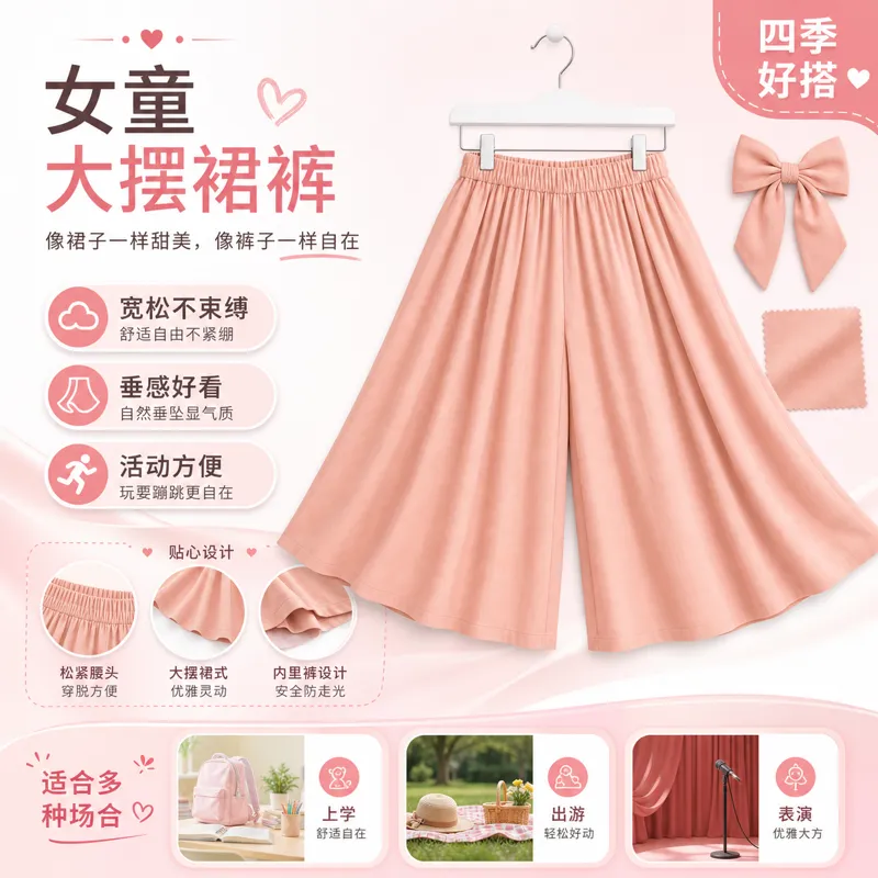 粉色女孩宽腿裙裤，适合学校和玩乐｜AI 生图提示词