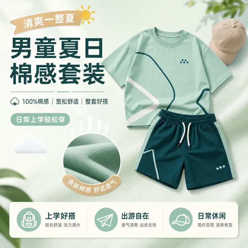 男孩夏季棉质T恤和短裤套装｜AI 生图提示词