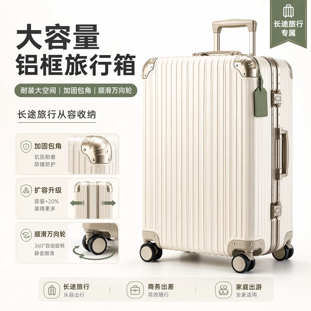 大容量铝框旅行手提箱，适合长途旅行｜AI 生图提示词