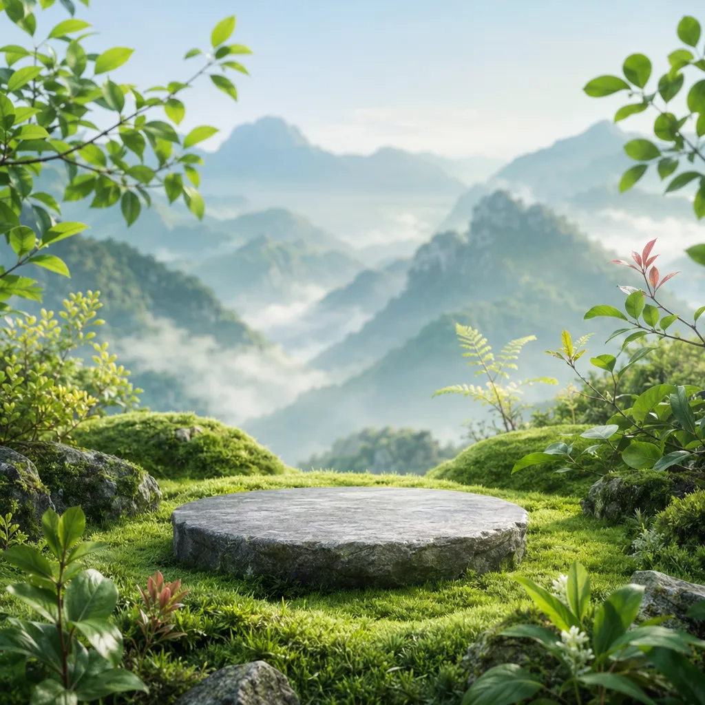 郁郁葱葱的山地景观中的圆形石台｜AI 生图提示词