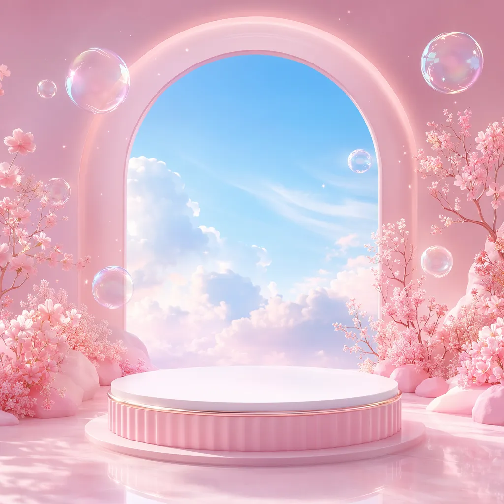 粉色3D领奖台，配有樱花和泡泡｜AI 生图提示词
