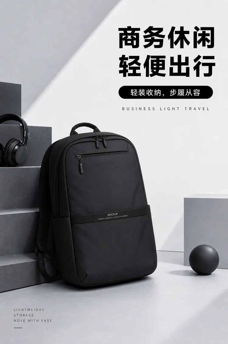 黑色商务轻便旅行背包｜AI 生图提示词